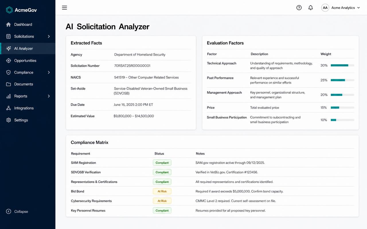 AI Solicitation Analyzer interface showing extracted solicitation facts and a compliance preview