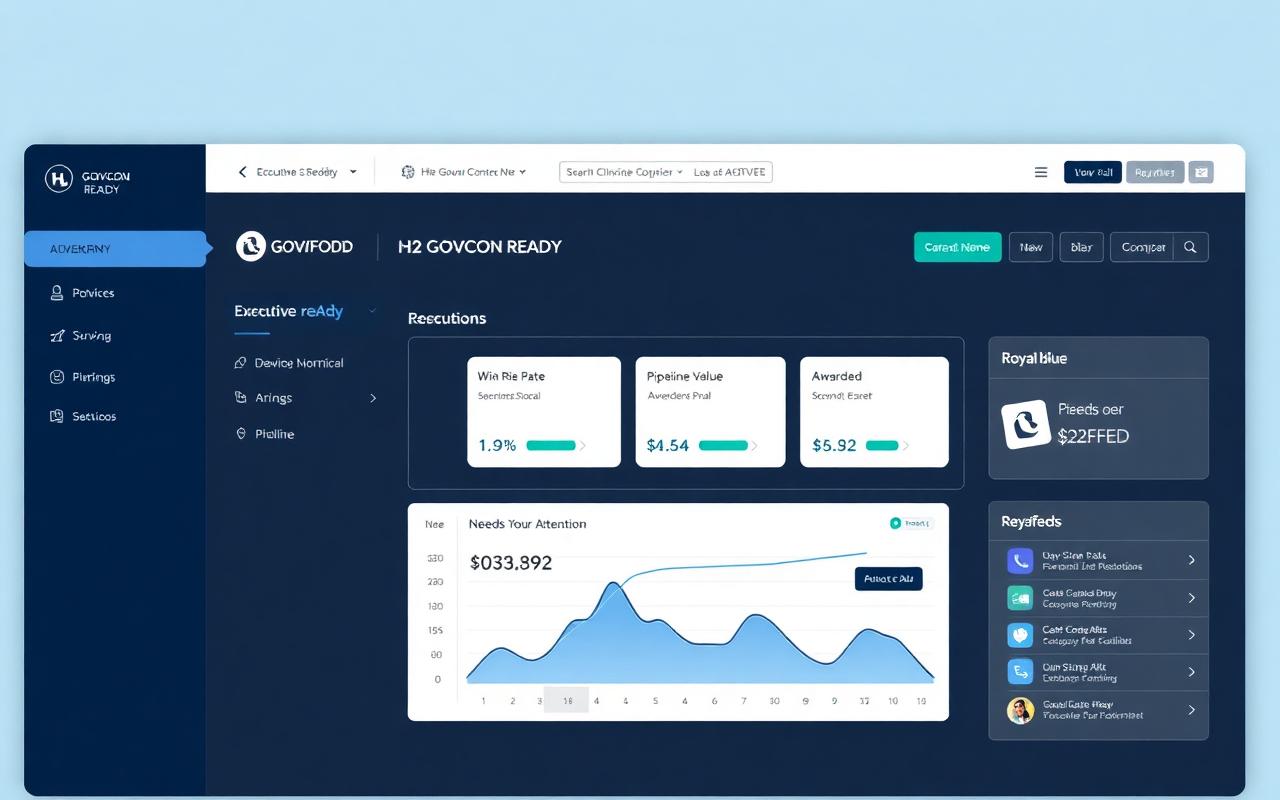 H2 GOVCON READY executive dashboard showing KPI cards, pipeline chart and a needs-attention feed