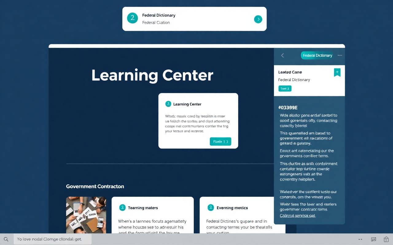 Learning Center page showing lesson cards, progress tracking and the Federal Dictionary