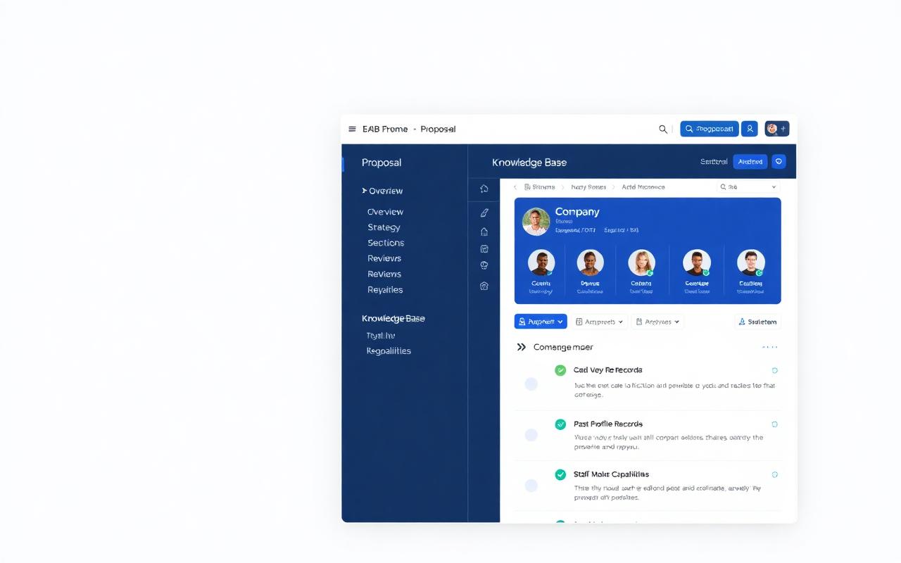 Proposal workspace and company knowledge base side by side with staff profiles and past performance records
